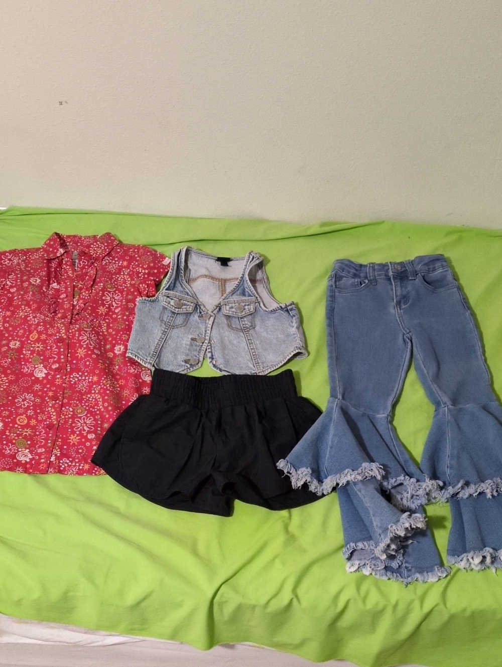 Girls' Size 6 To 7, Red Dress CK Denim Vest, Black Shorts, Blue Jeans